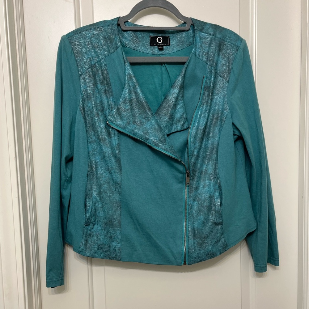 Teal Faux Snakeskin Asymmetrical Zip Up Jacket